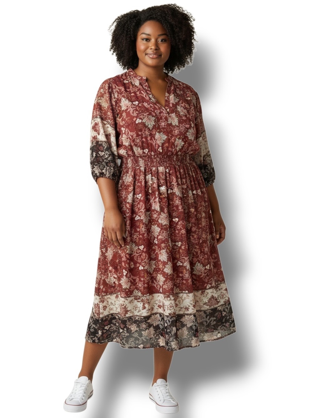 Sandra Darren Women’s Plus 3/4 Sleeve Midi Dress Border Print Rust Floral 24W